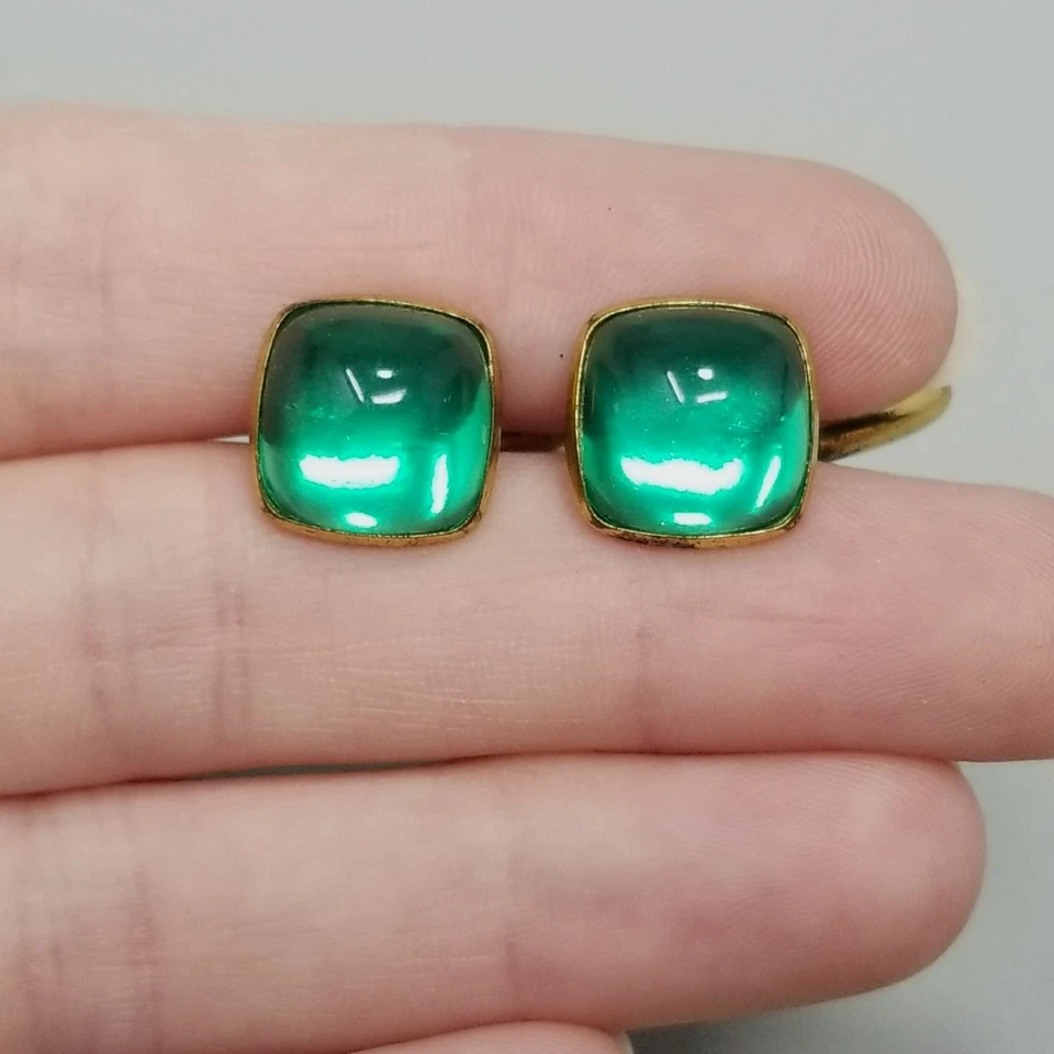 Gemelos Cabujón Verde Vintage Tono Dorado Acrílico Forma Pan de Azúcar Foto 3 de 4