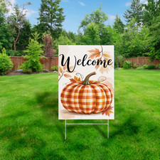Welcome Yard Sign Plaid Pumpkin Fall Harvest Outdoor Autumn Decoration