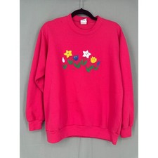 90s Vintage Sweatshirt Womens Medium Pink Floral Flowers Granny Cottagecore Boho