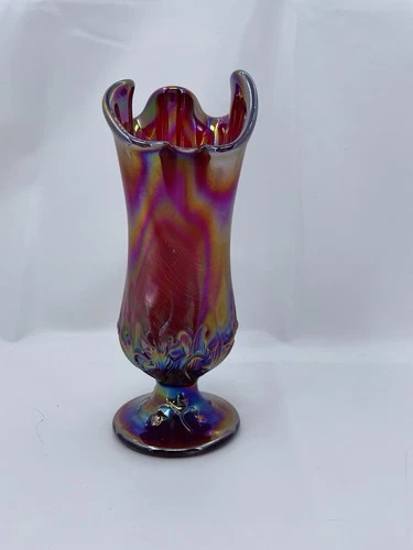 VTG Fenton Lily of Valley Cranberry Ruby Carnival Glass Handkerchief Art Vase