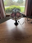 Vintage Tiffany Style Stained Glass Triple Hearts Brass Corded Table Lamp 12.5”