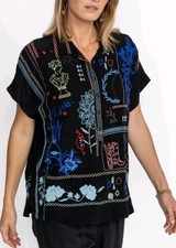 New Sz M JOHNNY WAS BIYA NAHMAD Black Silk Boho Embroidered Blouse Shirt Top