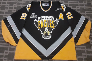 CAPE BRETON SCREAMING EAGLES QHL GAME WORN BLACK JERSEY KEVIN ASSELIN "A" SZ56