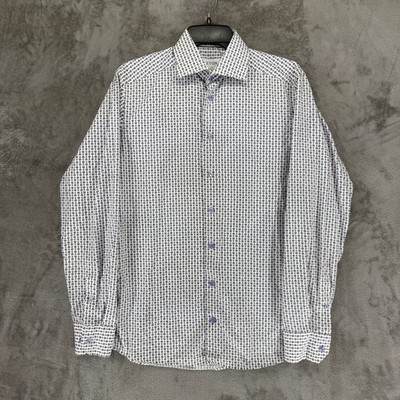 Eton Slim Fit Dress Shirt Mens 15 38 White Purple Geometric Micro Print Cotton