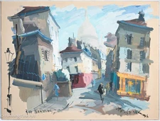 Stunning Mid Century Impressionist Painting Rue Norvins Paris, France Signed 56'