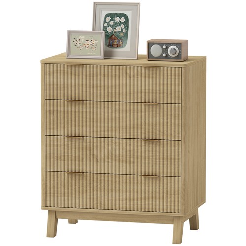 HOMCOM Natural Wood 4-Drawer Fluted Chest Dresser for Bedroom,Refurbished