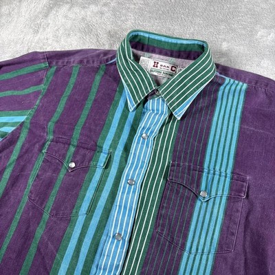 Vintage H Bar C Shirt Mens XL Multicolor Stripe Western Snap Rodeo Rancher USA