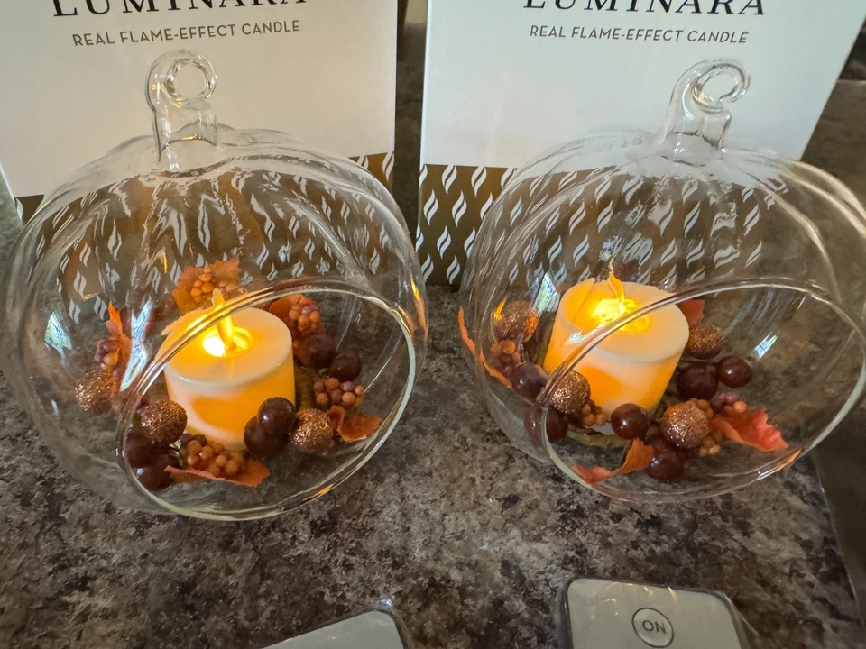 Luminara Fall Harvest Pumpkin Lot of 2 Glass Ornaments Flameless Candle & Remote - Image 3 of 4