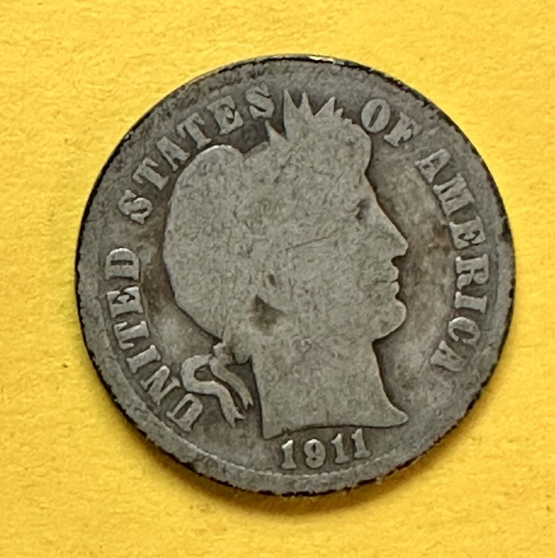 1911-D Barber Dime. 90% Silver. Good Condition. Charity Auction/Animal Rescue.