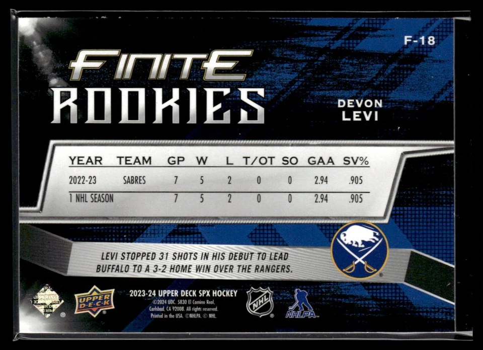 2023-24 SPx Finite Rookies Devon Levi Rookie 097/799 Buffalo Sabres #F-18 - Image 2 of 2