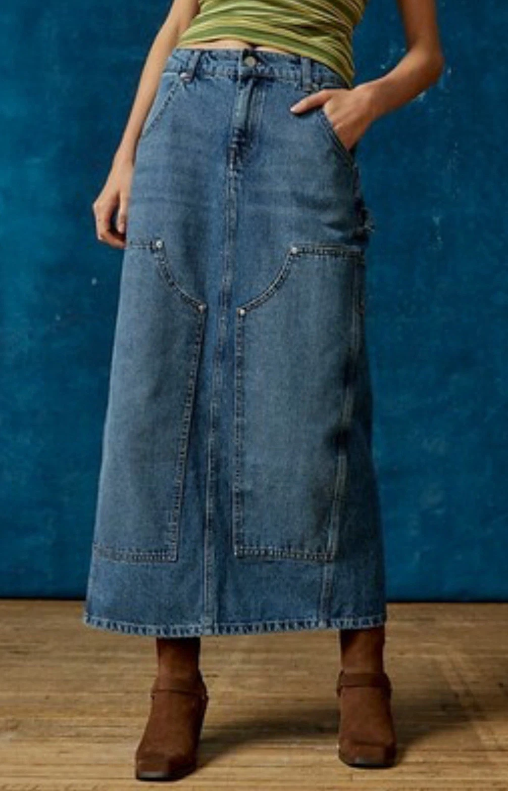 Urban Outfitters BDG Maxi Skirt Denim Blue Benji Utility Vacay Retro Boho Sz XL