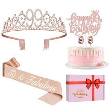 99th Birthday Decorations Women Sash Tiara Candles Cake Topper Rose Gold Gifts