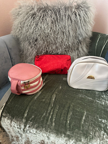 Vintage Christian Dior Makeup Bag Lot (3) Pink Stripe Red Monogram White Case