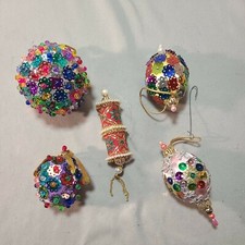 VTG Handmade Christmas Push Pin Ornaments Sequins Satin Ball Beaded lot