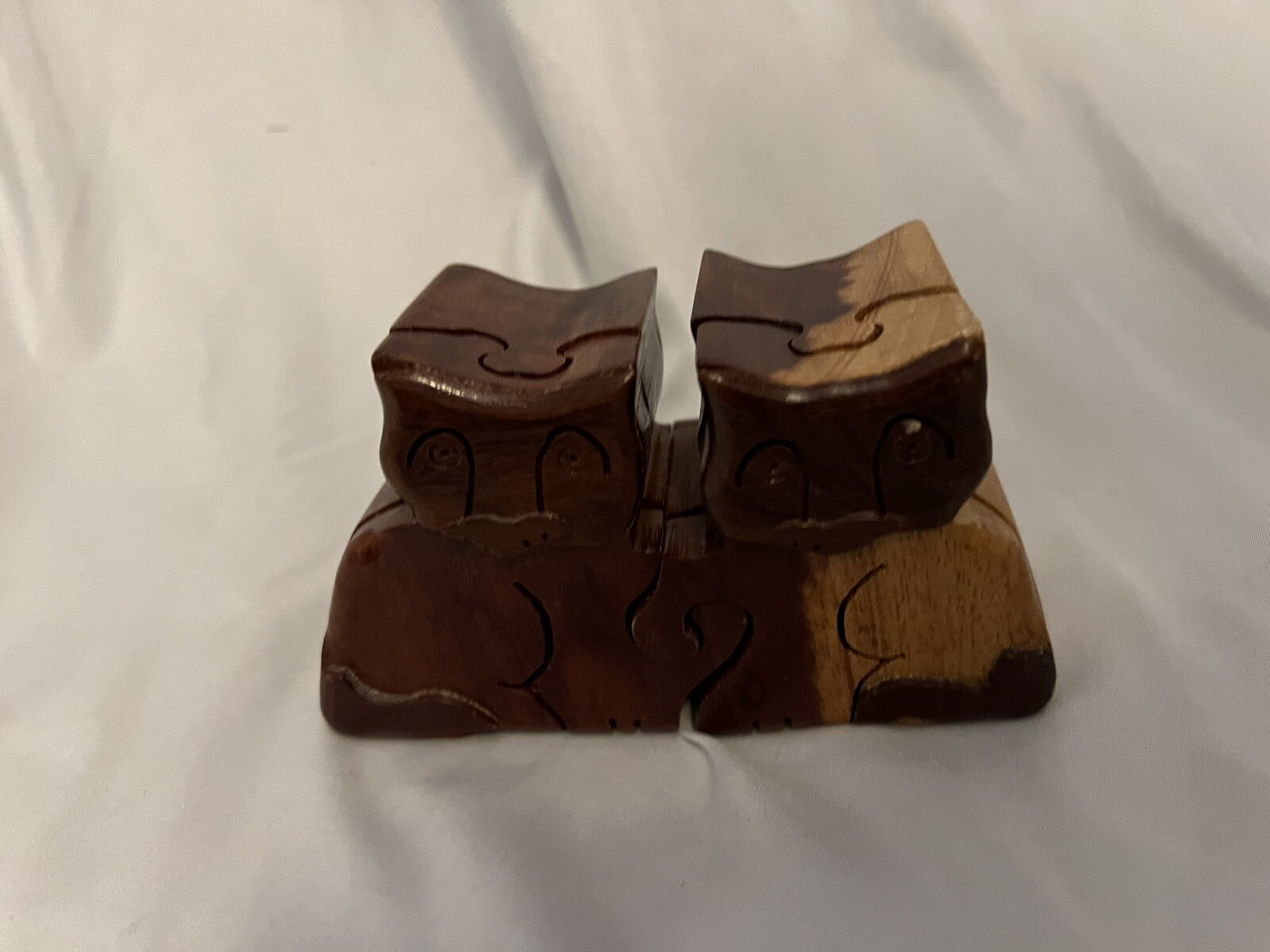 Wooden Puzzle Jewelry Trinket Box Cat Sculpture Figure