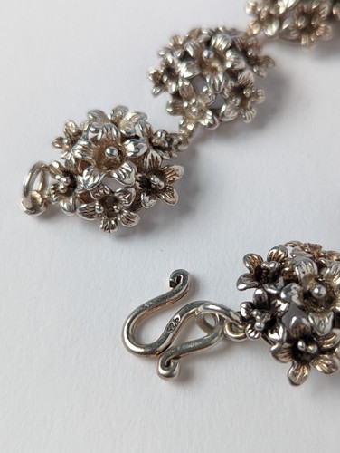 Vintage Sterling Silver 925 Floral Bracelet Forget Me Not Flower Bunch Chunky - Picture 7 of 13