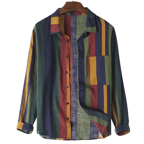Nueva Camisa Vintage a Rayas Hombres Manga Larga Blusa Camisas Transpirable Informal Suelta - Imagen 9 de 12
