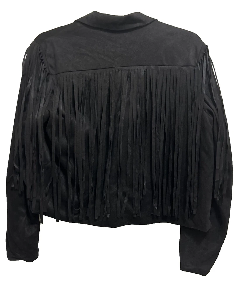 Chaqueta Haoduoyi Talla L Jr. Nueva con Etiquetas Negra con Flecos Manga Larga Imitación Gamuza Frente Abierto Foto 3 de 4