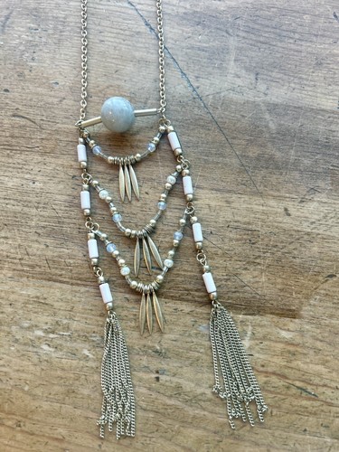 New Women’s Necklace -Gold Tone Long Layered Bead Ladder Design Tassel BOHO LOOK - Picture 4 of 7