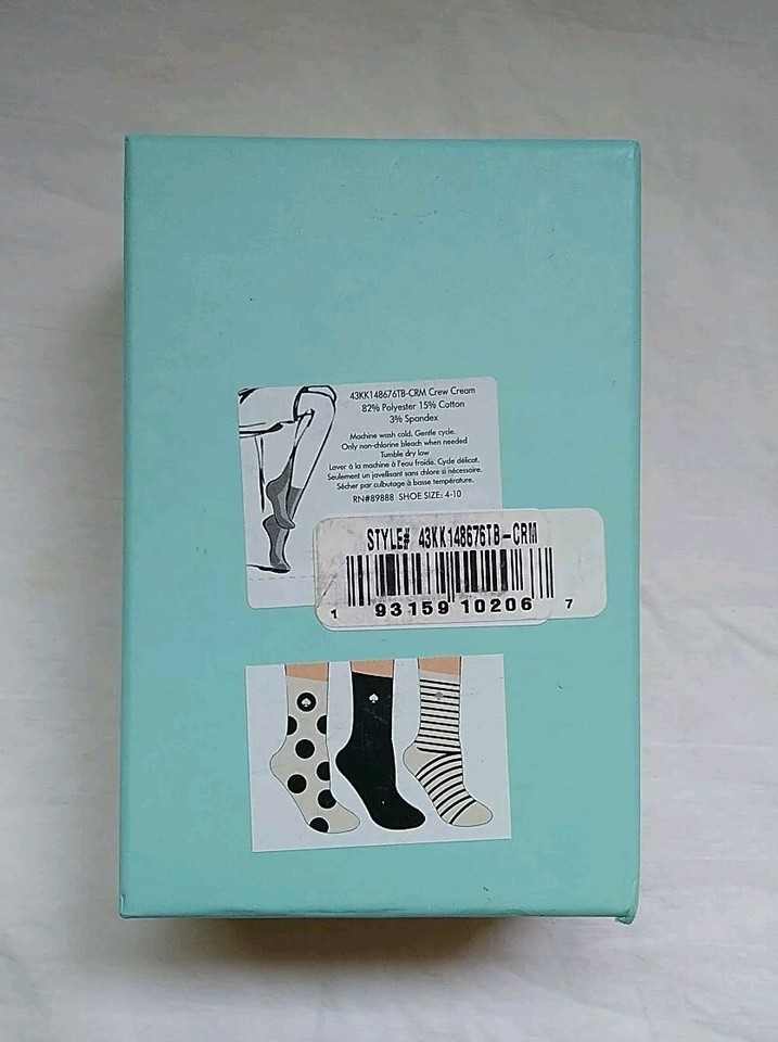 KATE SPADE 3 PK BLACK AND WHITE STRIPES AND DOTS CREW SOCKS, ONE SIZE