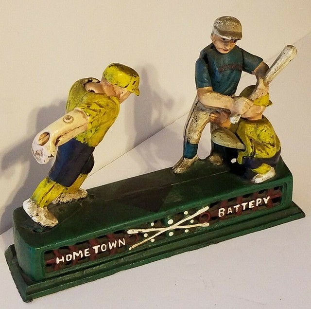 VINTAGE CAST IRON HOMETOWN BATTER BASEBALL MECHANICAL BANK REPRODUCTION