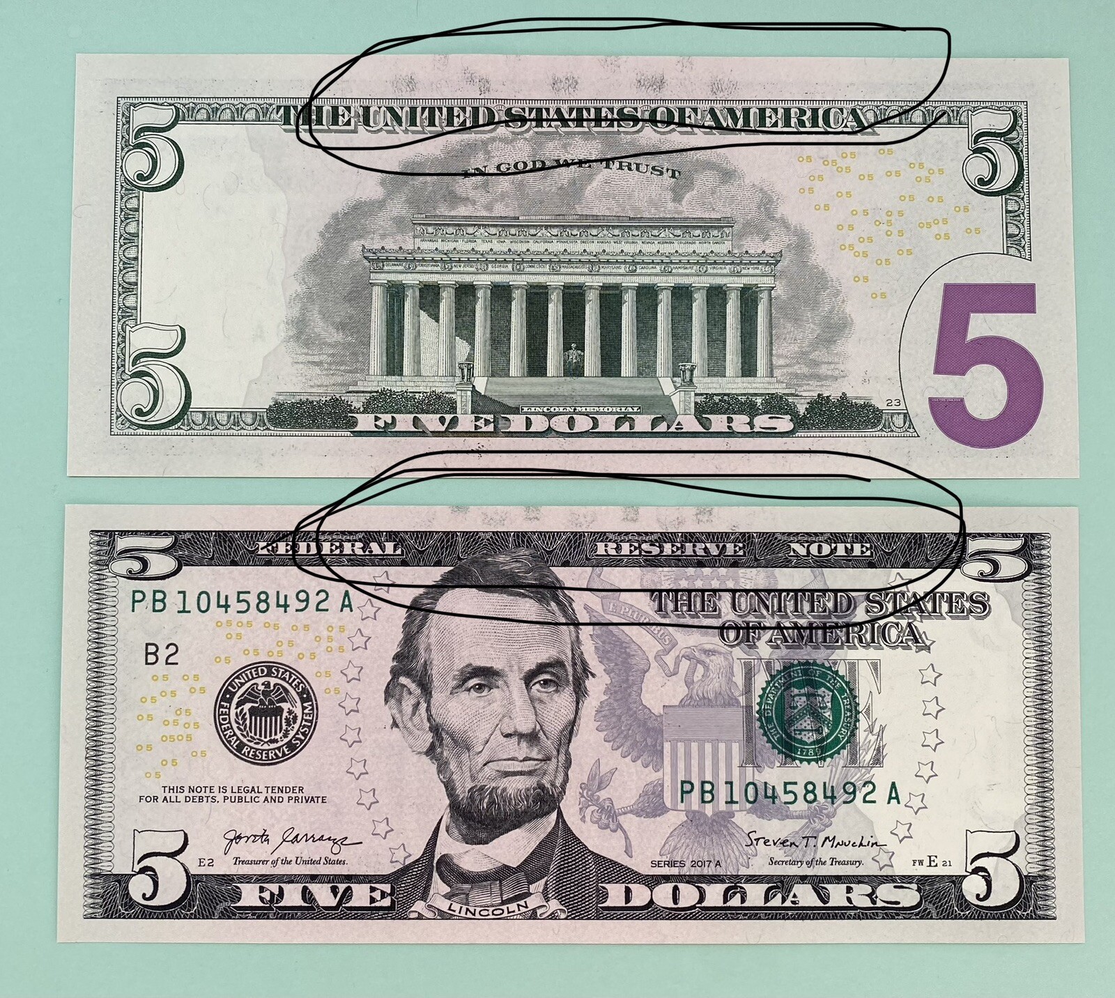Note Offset (2) CONSECUTIVE 2017 A $5.00 FEDERAL RESERVE NOTES OFFSET INK TRANSFER ...
