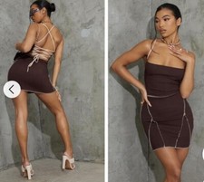 Chocolate Overlook Stitch Lace Up Back Bodycon Dress, PRETTYLITTLETHING, UK6. 
