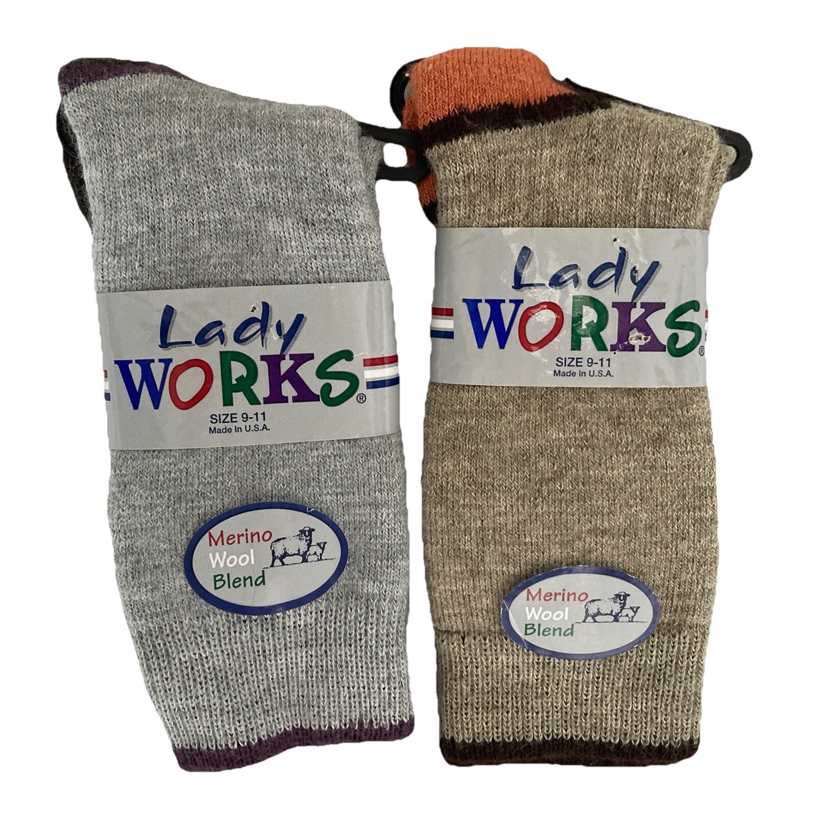 Lady Works Socks Women’s 9-11 Oatmeal/Grey Set Of 2 Merino Wool Blend Hike Warm