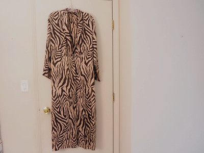 New MALIZIA by LA PERLA Brown/Nude Zebra Print 100% Silk Satin Long Robe Size II