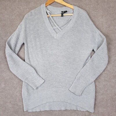 FREE FOR ALL Sweater Women's Small Oversize Gray Loose Knit Vneck Stretch Top 