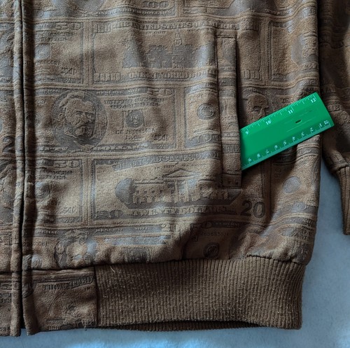 Burgundy Sz L All Over Money Print Jacket Brown Rap Hip Hop Streetwear 90s Y2K - Picture 9 of 15