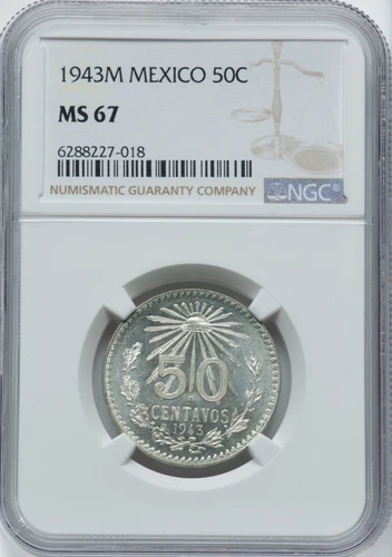 MEXICO ESTADOS UNIDOS 1943 50 CENTAVOS COIN CERTIFIED GEM UNCIRCULATED NGC MS67