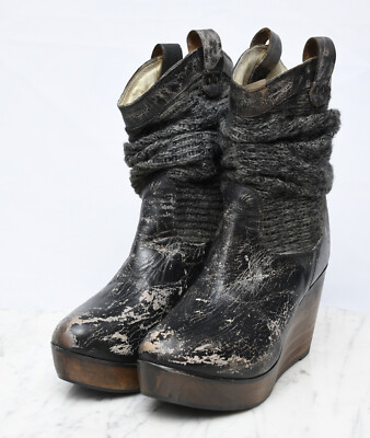 Bed Stub Bruges II Knit Slouch Leather Platform Wedge Boots Womens Sz 8.5