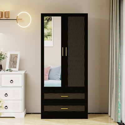 2 Doors Black Wooden Armoire Wardrobe Closet Bedroom Freestanding Storage Closet
