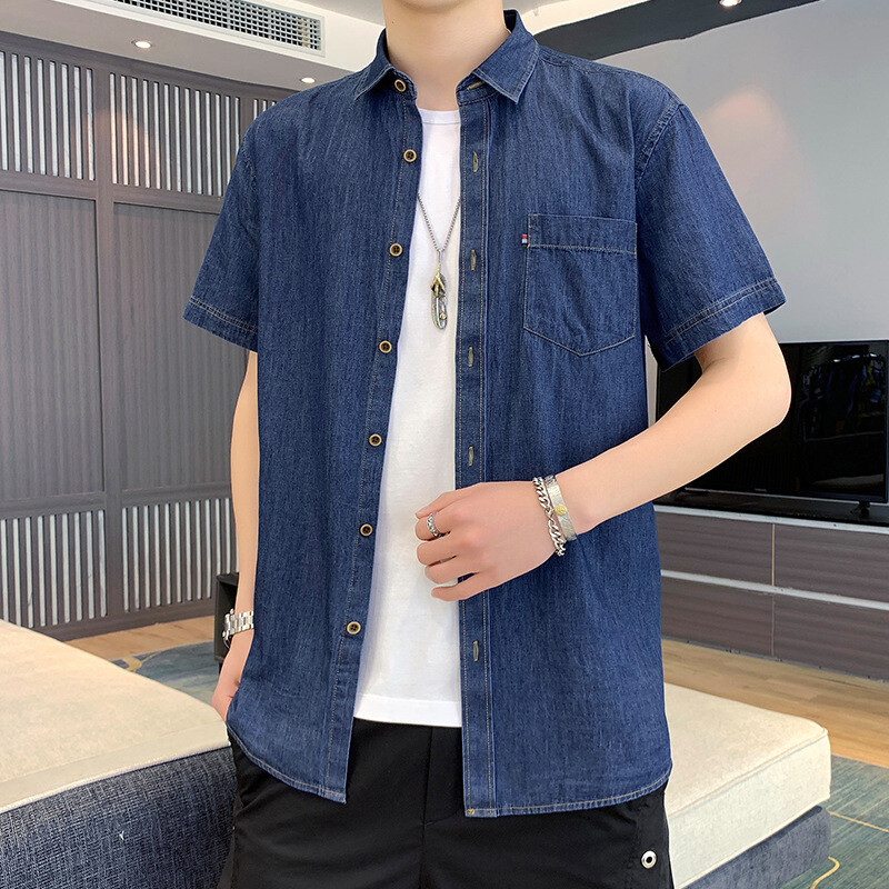 Mens Denim Shirts Slim Fit Short Sleeves Washed Jeans Cotton