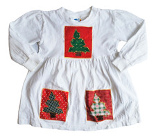 Vintage Christmas Dress Girls Size 4 S White, Red, Green, Trees Puff Paint Quilt