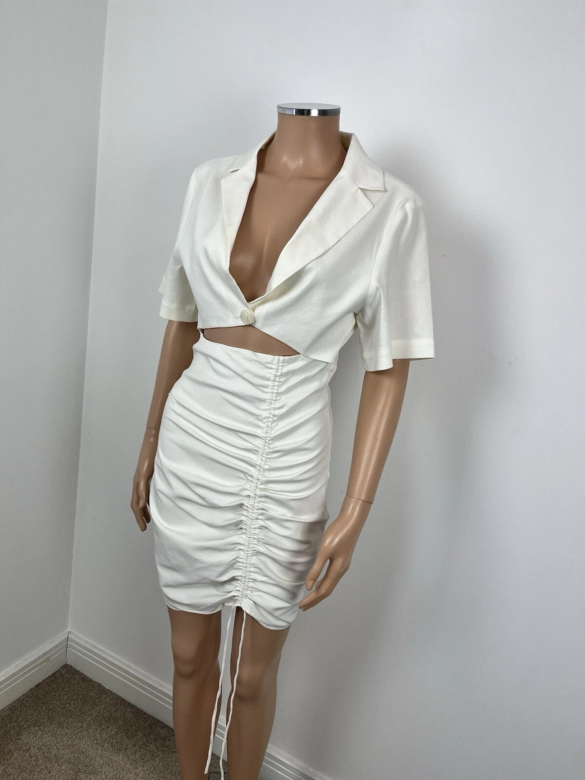 OFF WHITE Mini abito ZARA bianco sporco manica corta ritagliato coulisse camicia schiena aperta M 10