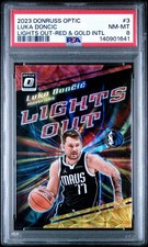 2023 Donruss Optic Lights Out Luka Dončić #3 International Red & Gold Prizm /99