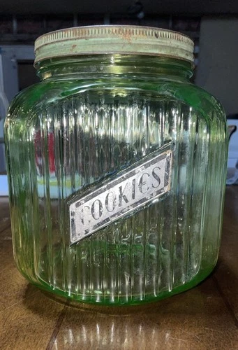 Anchor Hocking Hoosier Green Uranium Depression Glass Cookie Jar Ribbed w/Label