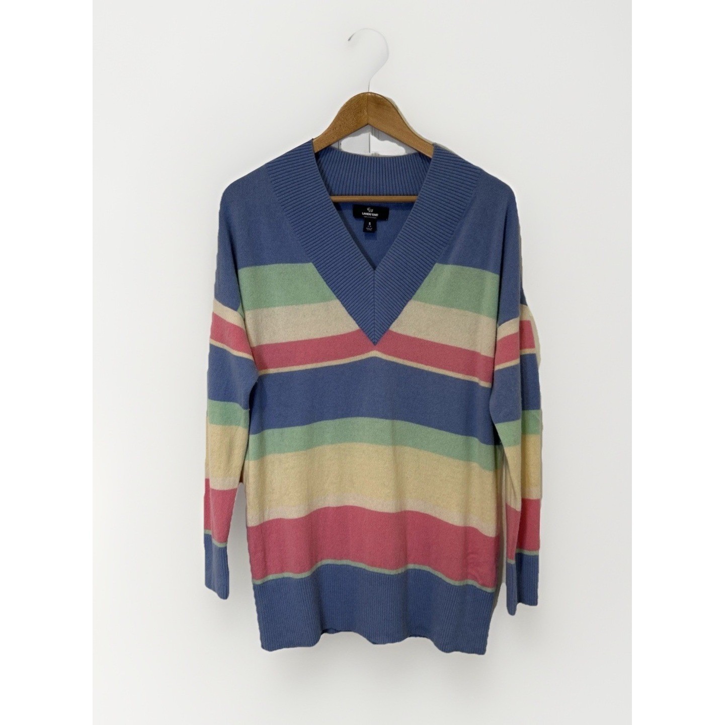 Lands End Womens  Sweater Tunic S Pastel Striped Cashmere V Neck Rainbow