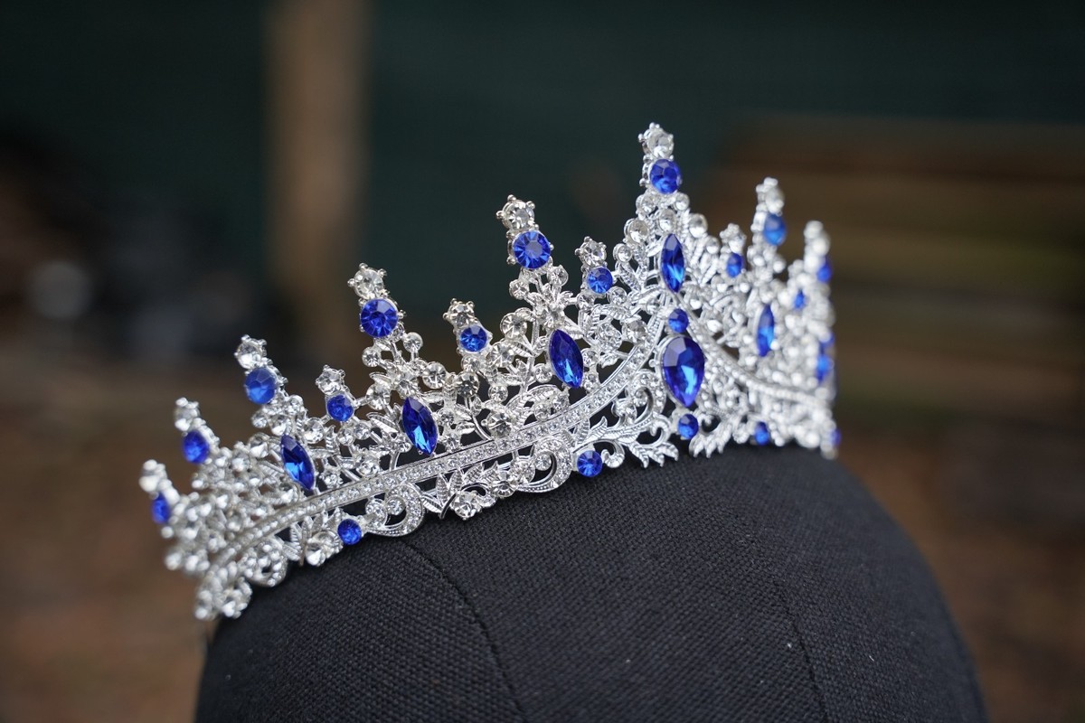 Royal Blue Crystal Tiara Bridal Silver Crown Birthday 