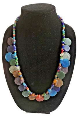 VINTAGE ARTISAN CRAFTED BOHO GLASS NECKLACE COLORFUL SMALL BEADS & CIRCLES EXC