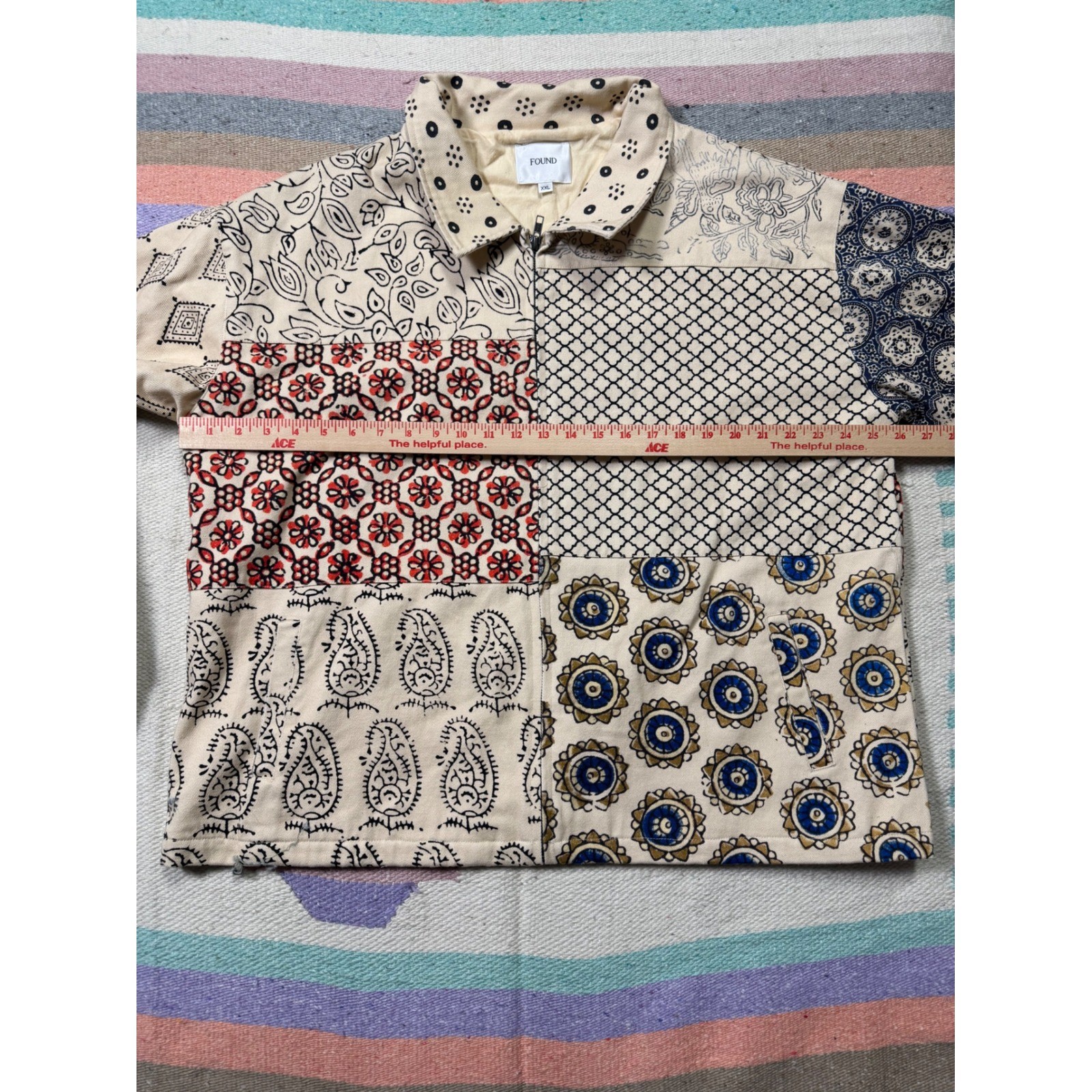FOUND Patchwork Print Zip Collared Long Sleeve Sh… - image 3