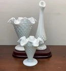3PCS Fenton Hobnail Milk Glass Swung Footed Bud Vase & Matching Ruffled Vases