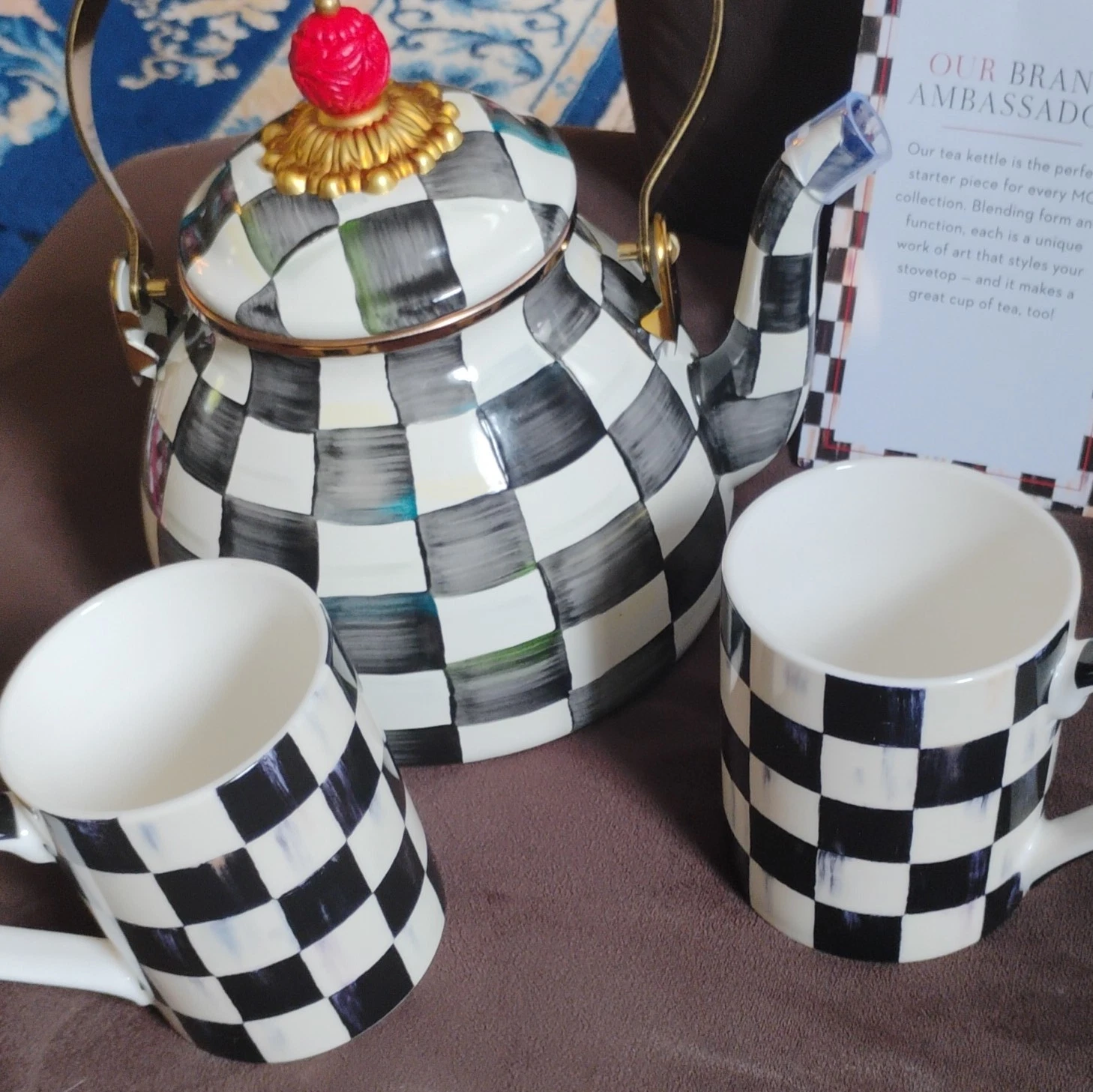 MacKenzie-Childs Courtly Check 2 qt Ceramic Whistling Tea Kettle With Two Mugs