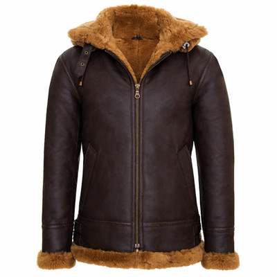 Men s Brown Shearling Leather Hooded Jacket Winter Coat