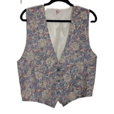 Vintage Tapestry Vest Floral Brocade Pastel Blue Red Cream Button Front Boho 90s