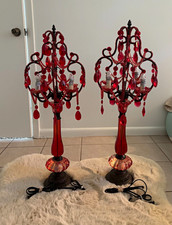 Vintage Antique Hollywood Regency Lamps -2 Red Crystal Prism Beaded Table Lamps