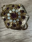 Vintage Floral Gold Tone Red And Clear Stones Brooch Costume Jewelry Pin 1 1/2"