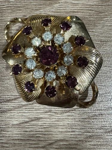 Vintage Floral Gold Tone Red And Clear Stones Brooch Costume Jewelry Pin 1 1/2"